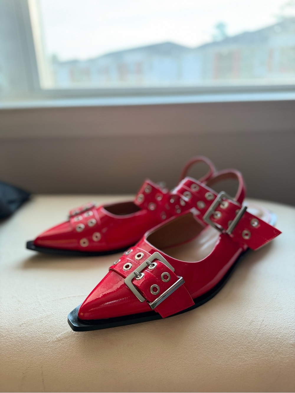 Red Patent Pointed-Toe Slingback Flats with Buckle Detail